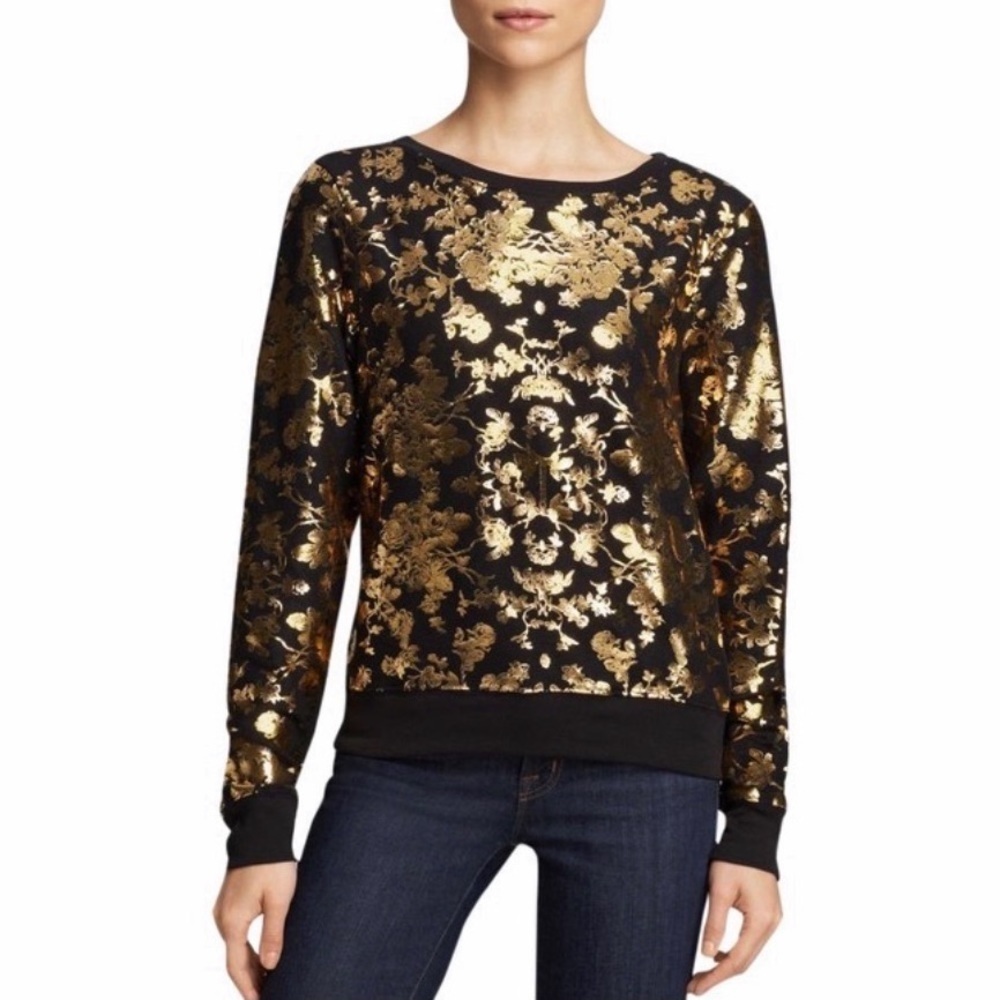 Wildfox Metallic Gold Foil Rose Pattern Print Black Crewneck Sweatshirt